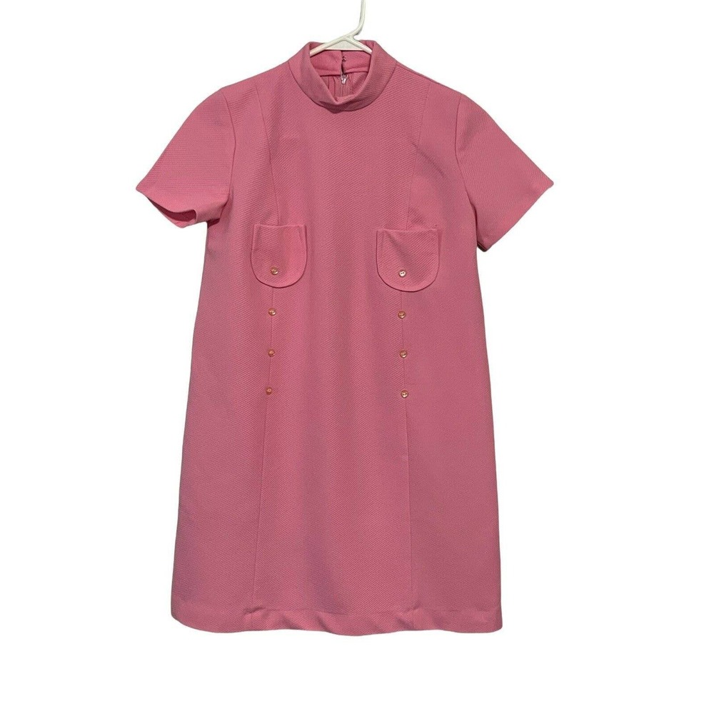 Handmade Vintage 60s Mod Shift Dress Womens Small Pink Polyester Hippie Mini